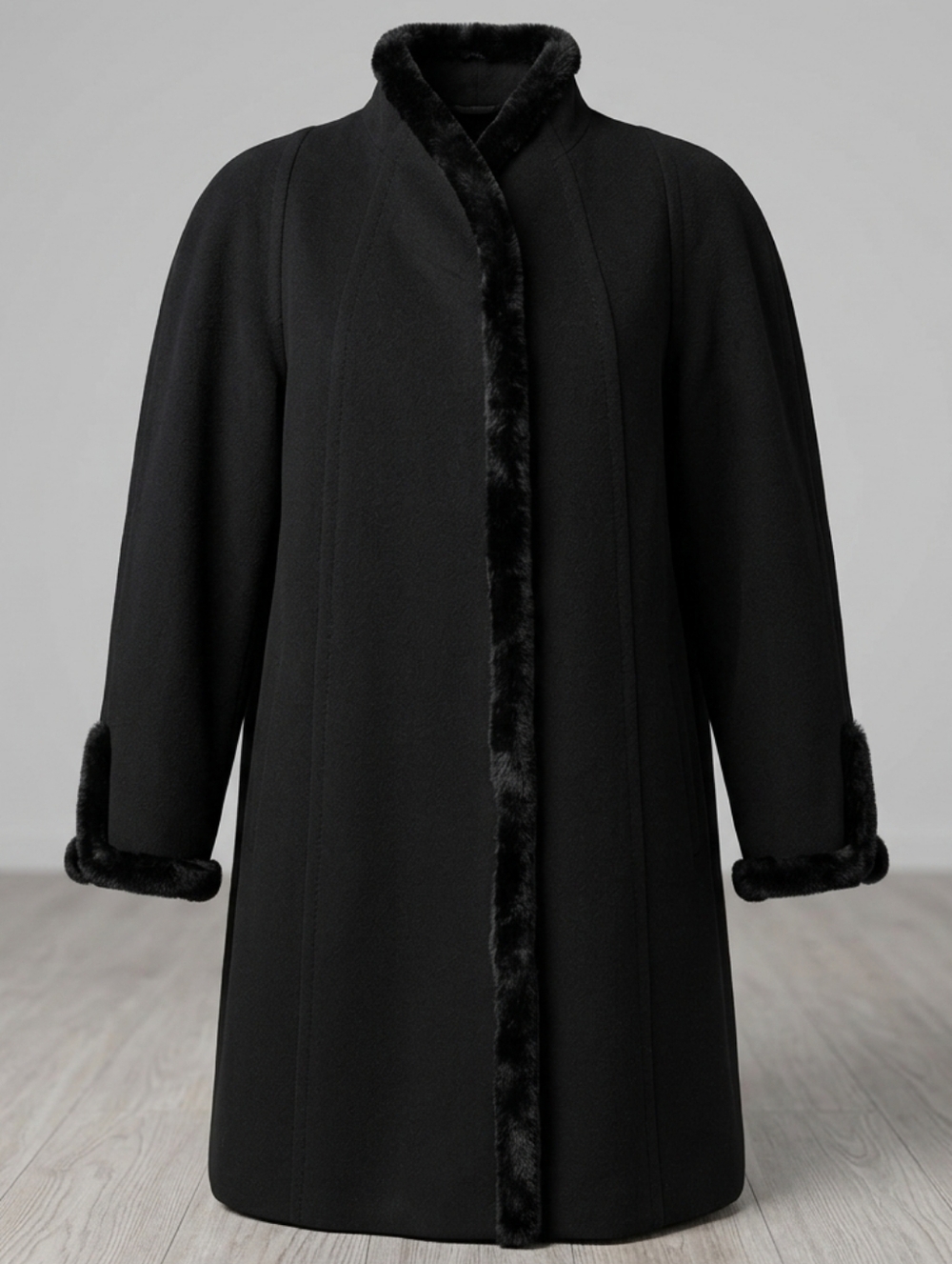 Vintage Jones New York Cashmere Merino Wool Faux Fur Trim Women's Black Coat 8